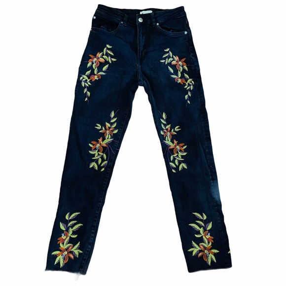 H&M Denim - H&M Black Floral Embroidered Raw Hem Jeans